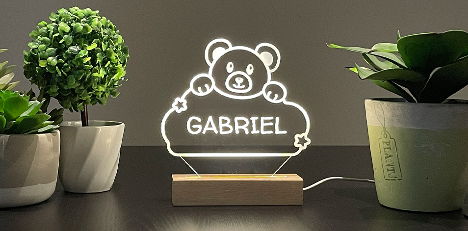 Panneau long à DEL personnalisé en bois - Ourson