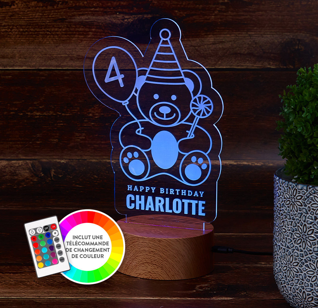 Panneau à DEL personnalisé en bois  - Ourson d’anniversaire