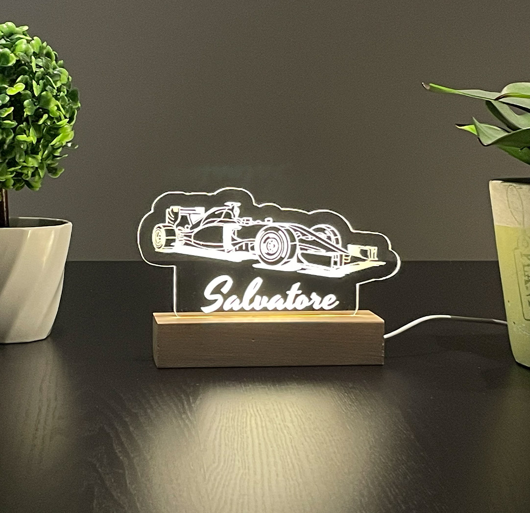 Panneau long à DEL personnalisé en bois - Voiture de course