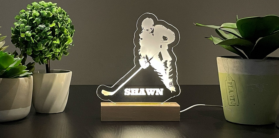 Panneau long à DEL personnalisé en bois - Joueur de hockey