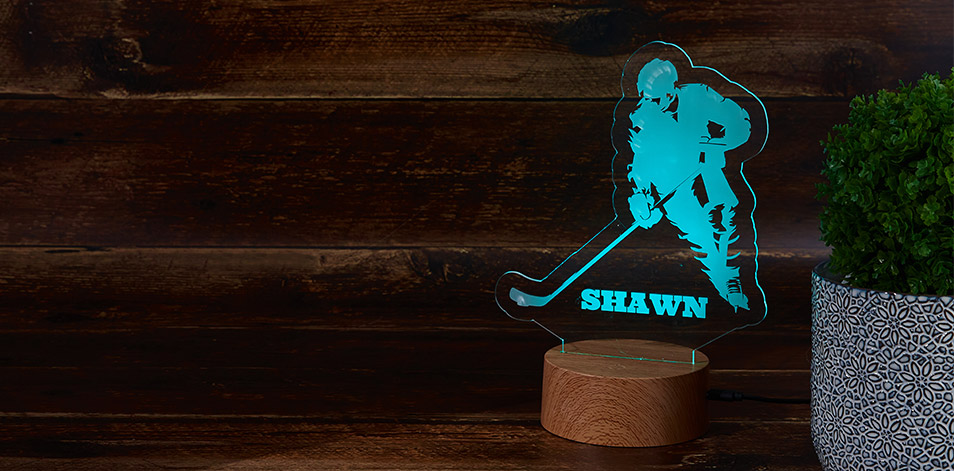 Panneau à DEL personnalisé en bois  - Joueur de hockey