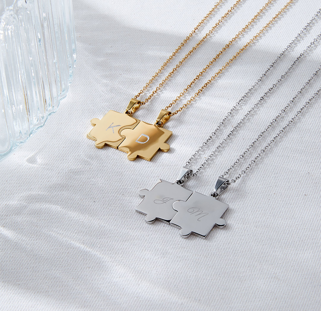 Puzzle Piece Necklace (Set of 2) - Gold Colour