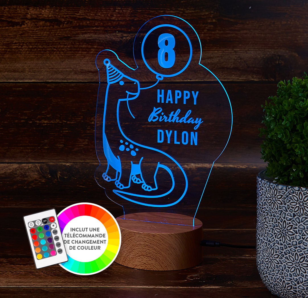 Panneau à DEL personnalisé en bois - Anniversaire dinosauresque 