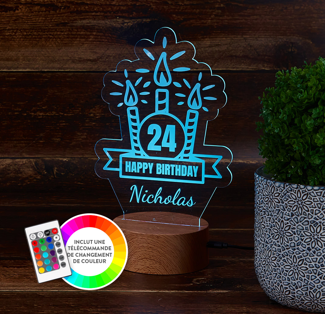 Panneau à DEL personnalisé en bois  - Bougies d’anniversaire