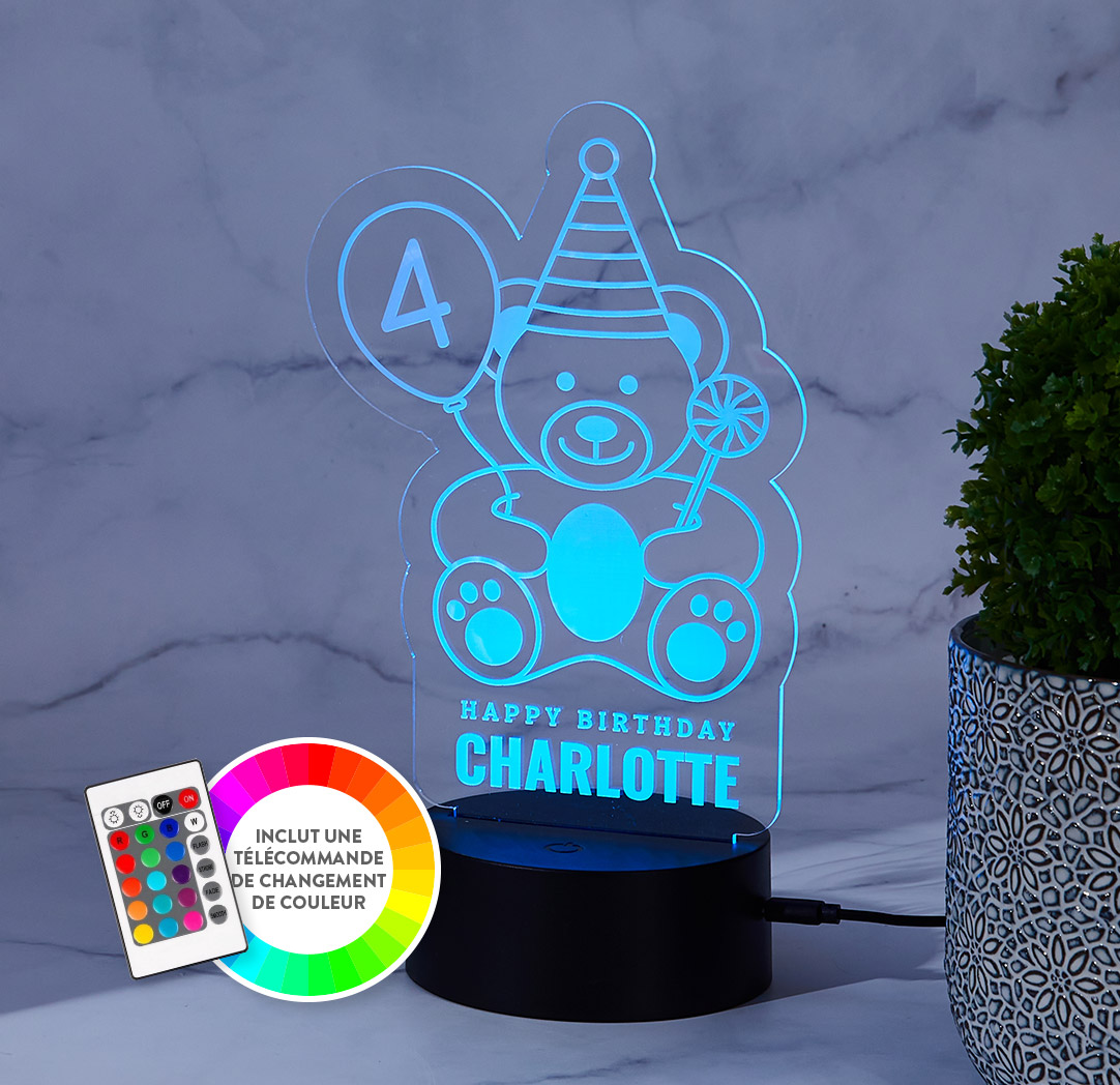 Panneau à DEL personnalisé noir - Ourson d’anniversaire