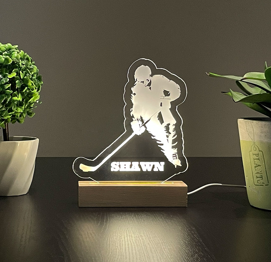 Panneau long à DEL personnalisé en bois - Joueur de hockey