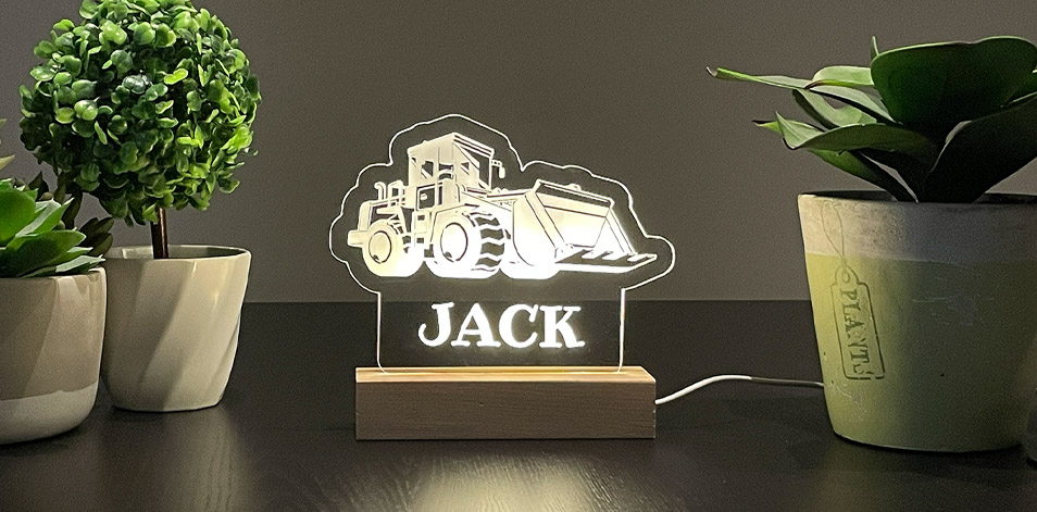 Personalized Wide Wood LED Sign - Bulldozer