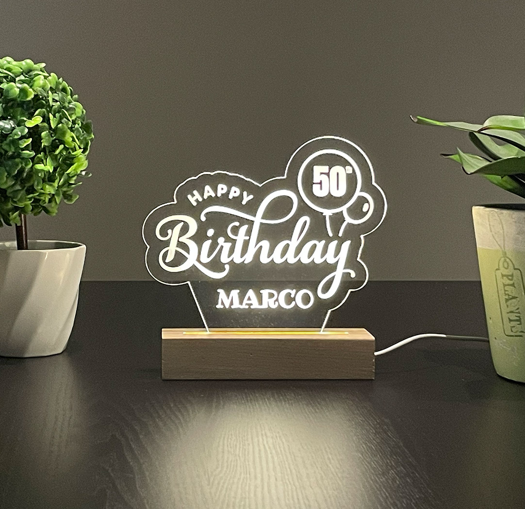 Panneau long à DEL personnalisé en bois - Happy Birthday