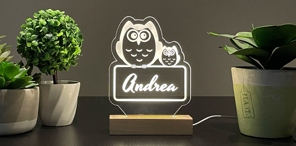 Panneau long à DEL personnalisé en bois - Hiboux