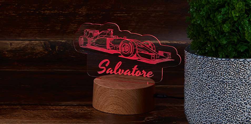 Panneau à DEL personnalisé en bois - Voiture de course