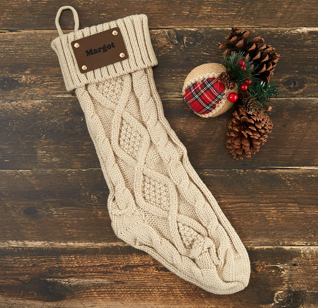 Bas de Noël en tricot personnalisé beige