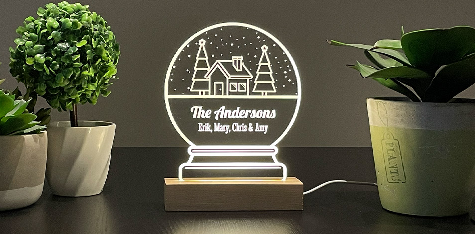 Personalized Wide Wood LED Sign - Snow Globe
