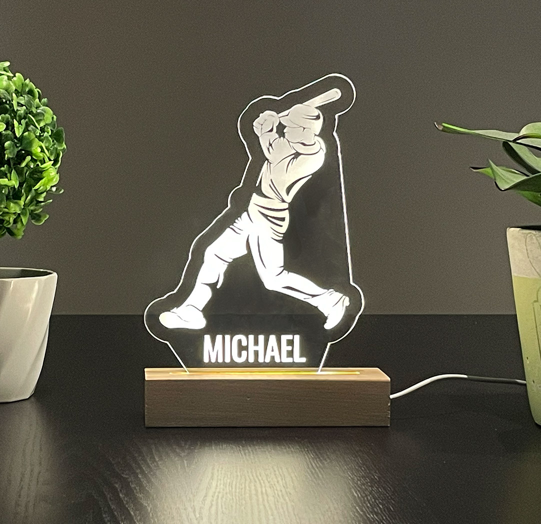 Panneau long à DEL personnalisé en bois - Joueur de baseball