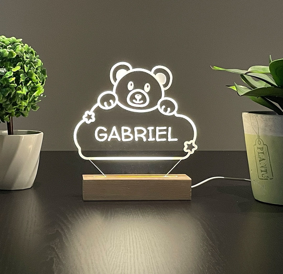 Panneau long à DEL personnalisé en bois - Ourson