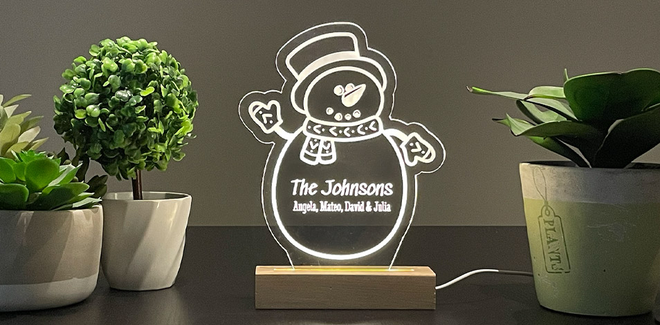 Panneau long à DEL personnalisé en bois - Bonhomme de neige