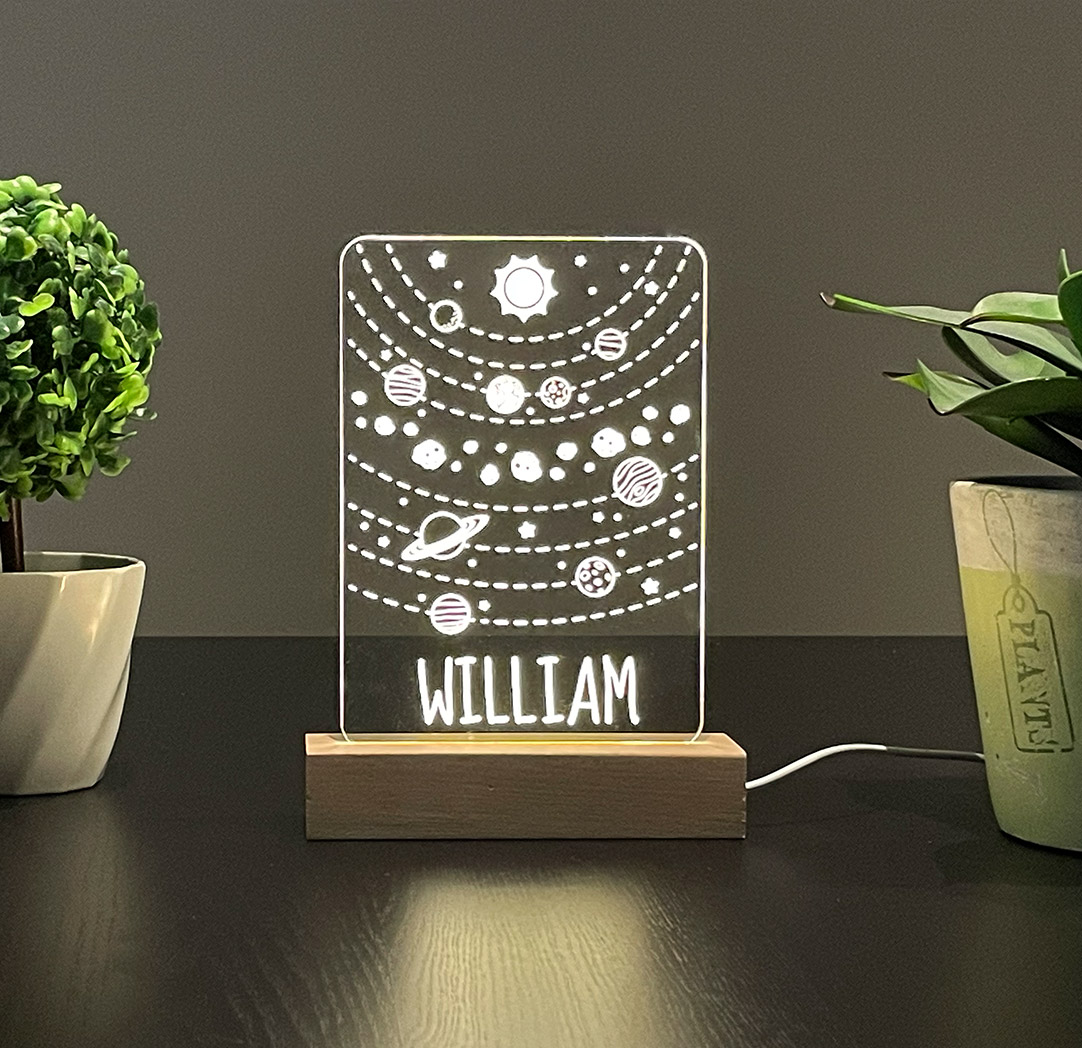 Panneau long à DEL personnalisé en bois - Planètes