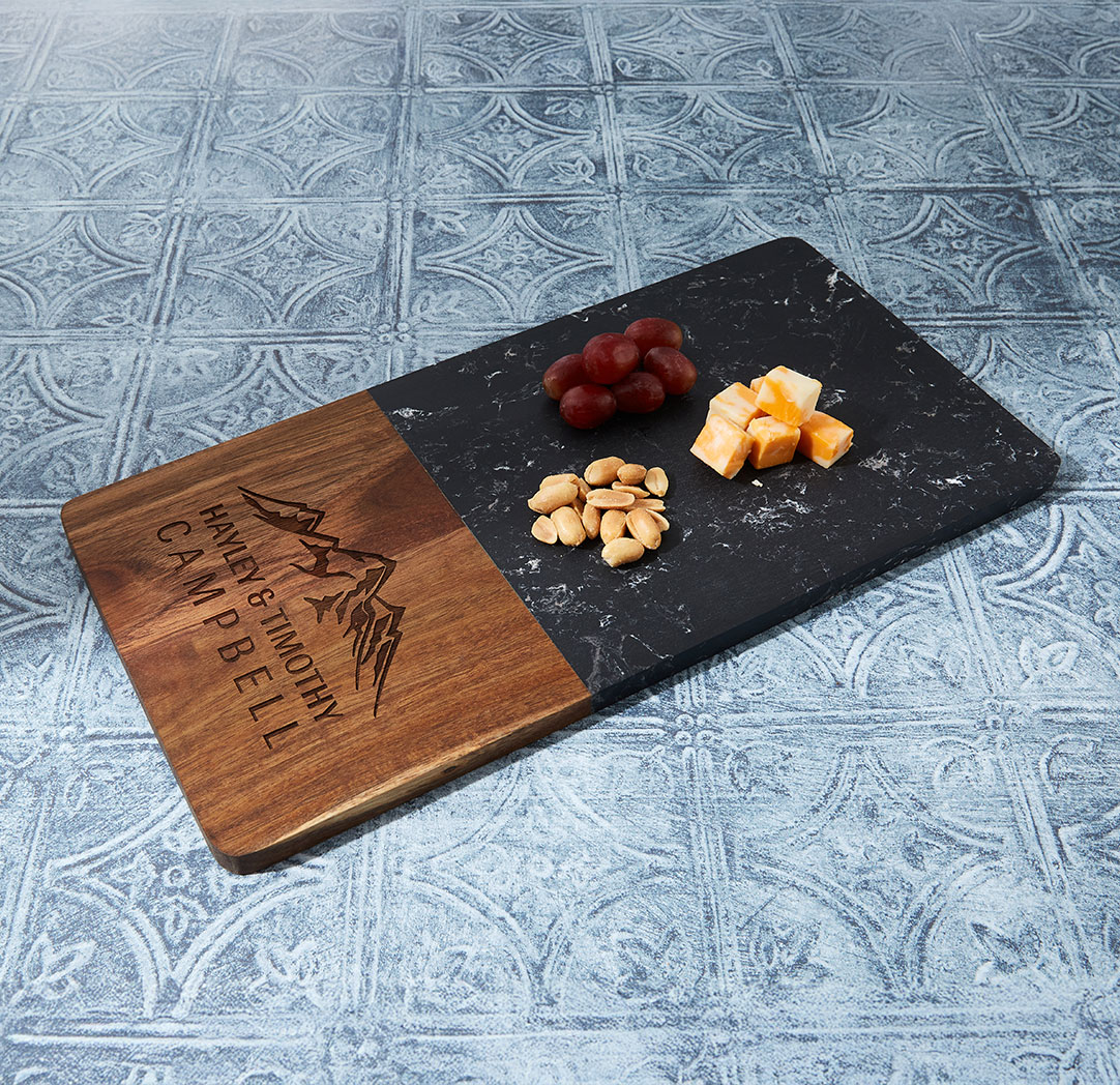 Personalized Rectangular Wood & Black Marble Cutting Board