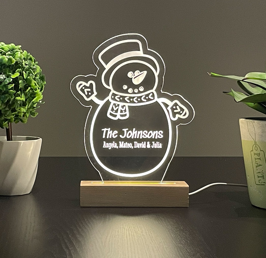 Panneau long à DEL personnalisé en bois - Bonhomme de neige