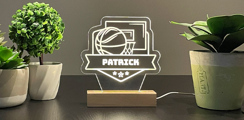 Personalized Wide Wood LED Sign - Basketball