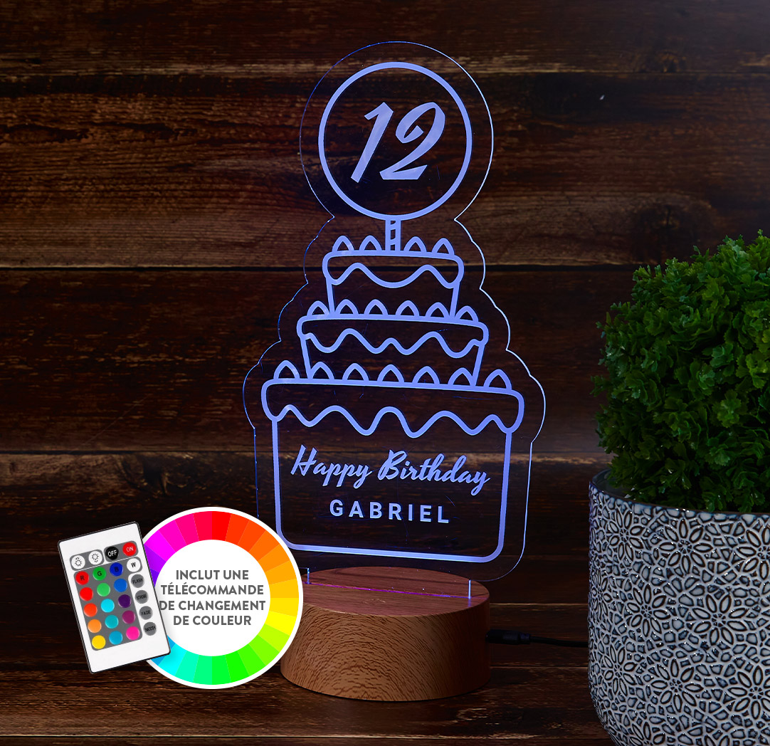 Panneau à DEL personnalisé en bois - Gâteau d’anniversaire